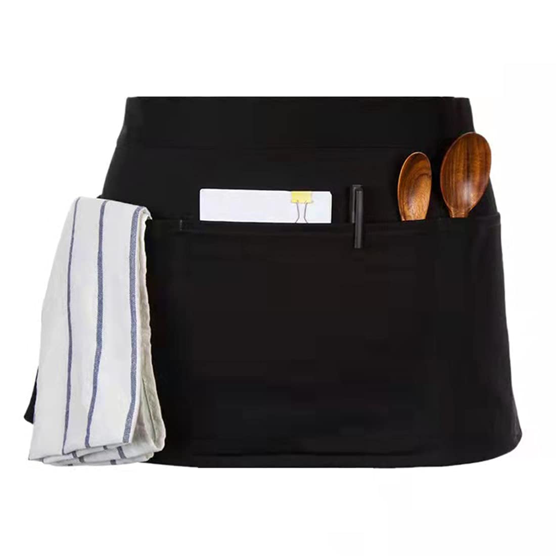 Lruuidde Server Aprons With 3 Pockets, Black Server Waist Aprons, Waitress Half Apron,Waterdrop Resistant Waitress Apron (Black-