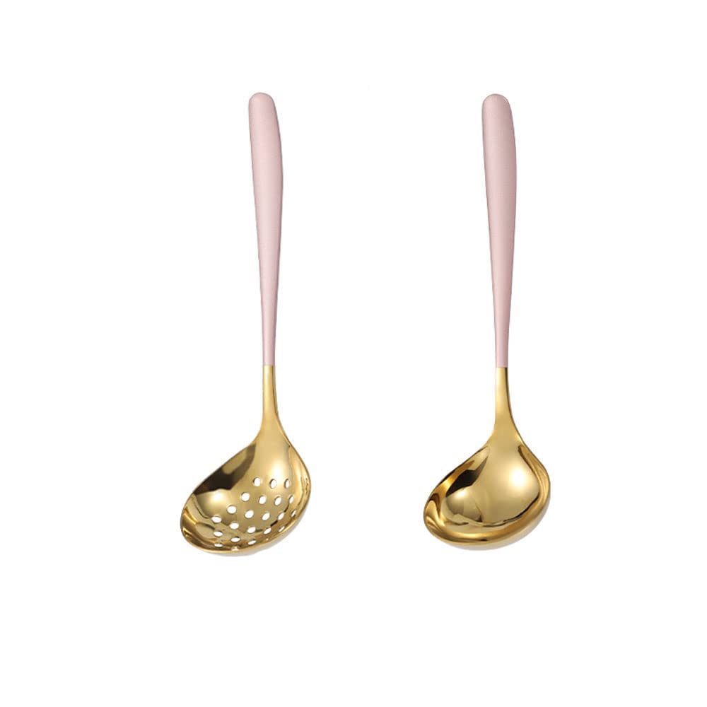 Mbbitl Pink Gold Soup Ladle Colander Slotted Spoon Set Skimmer Strainer Stainless Steel Gravy Hot Pot Server