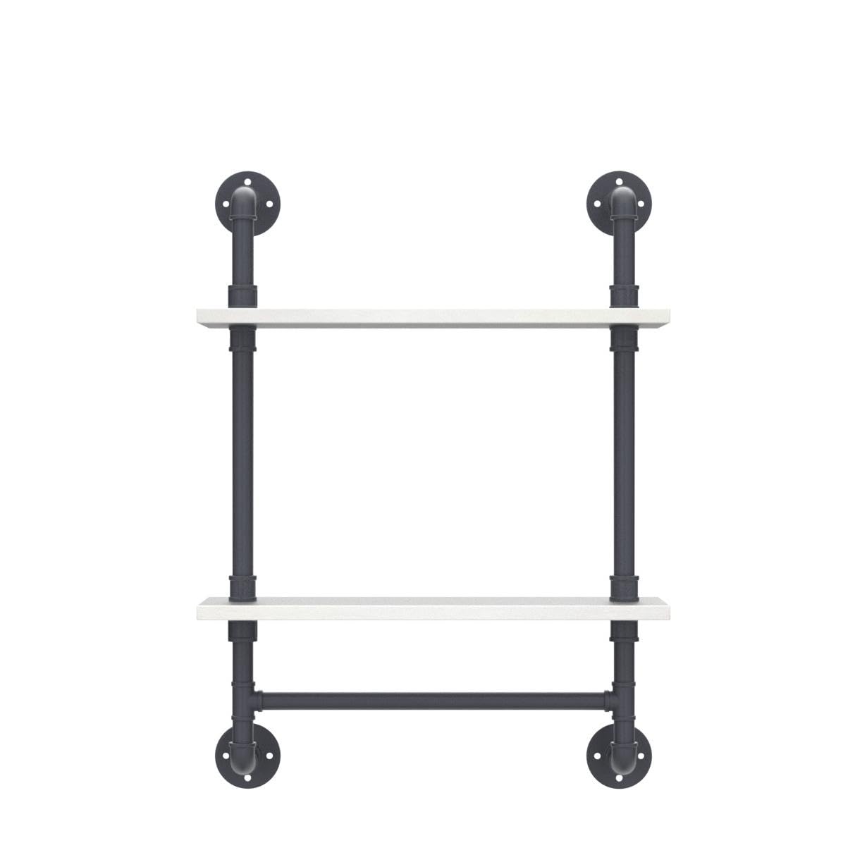 MBQQ Bathroom Shelves 19.6in Rustic Wood Shelf with Towel Bar 2 Tier Farmhouse Towel Rack Over Toilet Pipe Shelving Floating Shelves Towel Holder Black & White