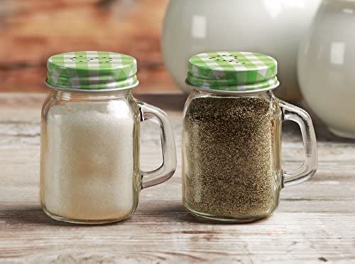 Circleware Moondance Mason Jar Salt And Pepper Shakers With Green And White Gingham Lids, Set Of 2, 5Oz, Clear