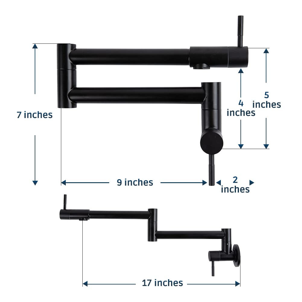 Allkorma Pot Filler Faucet Matte Black, Wall Mount Kitchen Stainless Steel Faucets, 19.7'' Folding Stretchable Faucet, 2 Joint S