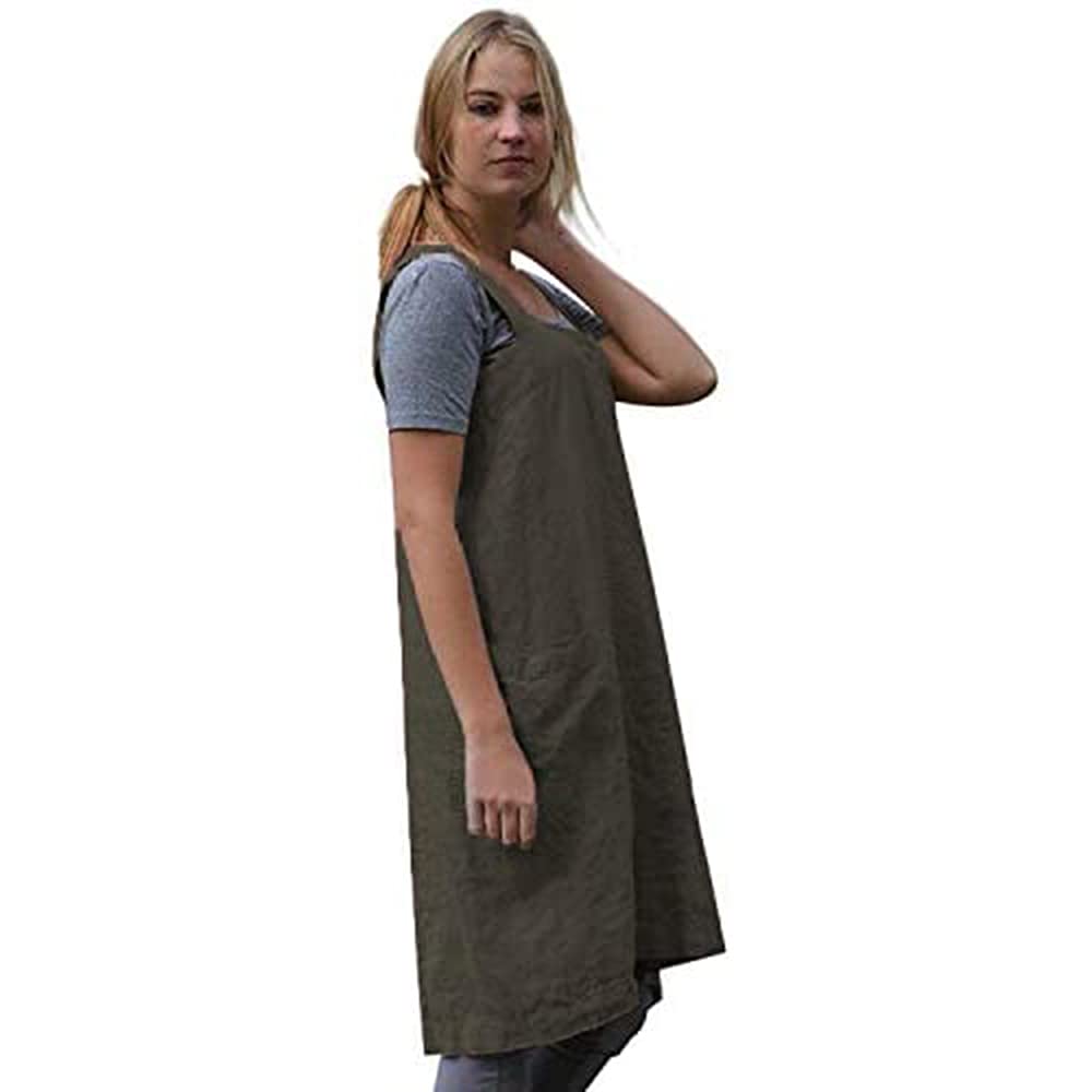 Women 'S Cross Back Pinafore Apron With Large Pockets Home Kitchen, Restaurant, Coffee House,Cooking Gardening Works Armygreen-S