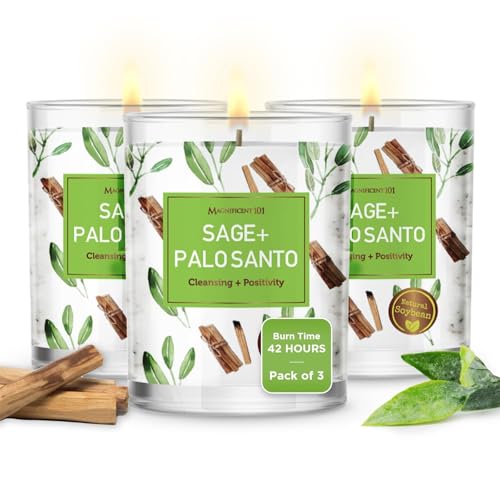 Magnificent 101 Set of 3 Long Lasting Pure Sage + Palo Santo Candles  3.5 Oz Each - 42 Hour Burn  All Natural, Organic Soy & Par