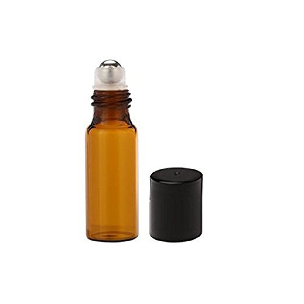 Esowemsn 12Pcs 5Ml Amber Empty Glass Roll-On Bottles With Stainless Steel Roller Balls And Black Cap For Essential Oil Perfumes