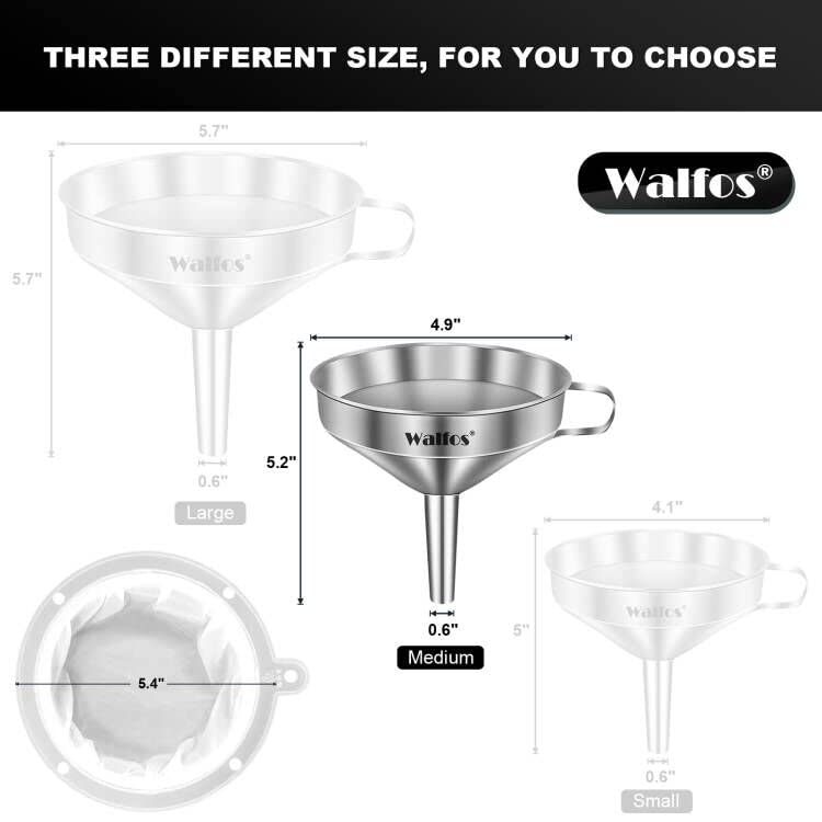 Stainless Steel Funnel, Walfos Kitchen Funnel With 2 Removable Strainer & 1Pc Cleaning Brush, Perfect For Transferring Of Liquid