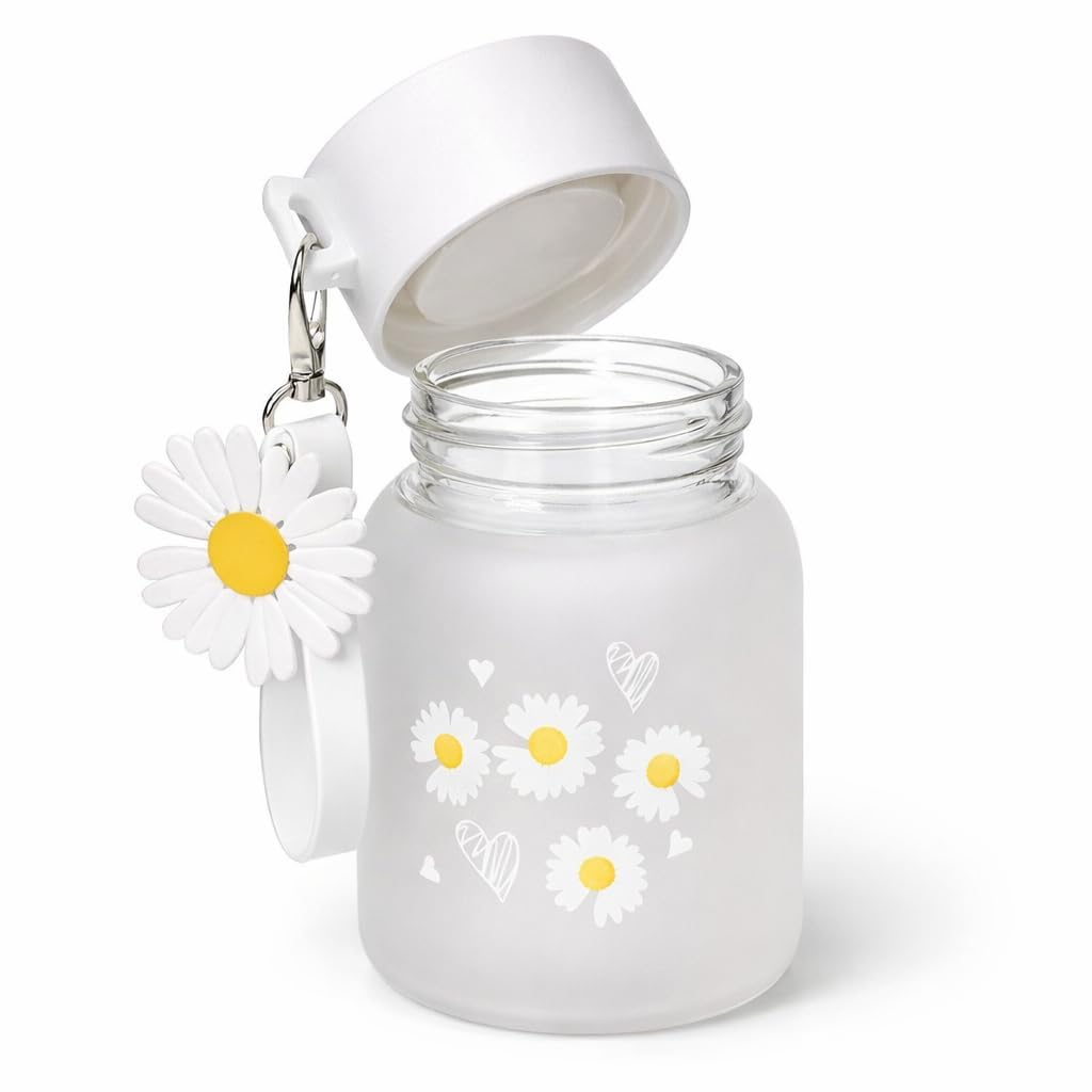 Cute Flower Glass Water Bottle with Daisy Keychain Charm, Frosted Glass Drinking Bottle with Leakproof Screw Lid, Portable Reusa