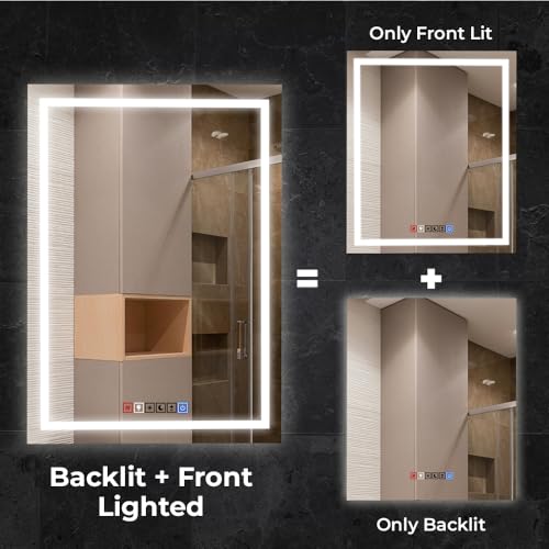 Dimmable LED Bathroom Mirror 18'' x 40'' Front and Backlit Anti-Fog Memory Brightness  Three Color Options Wall Mounted Rectangle Lighted Mirror for Vanity (Horizontal/Vertical) Frameless Wall Mirror