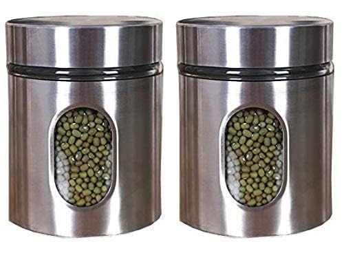 Gretzomall Stainless Steel And Glass Kitchen Canister, Airtight Food Storage Jars With Lid, Visible Window Seasoning Cereal Cont