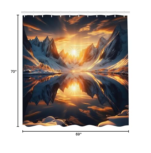 Ambesonne Lake Shower Curtain, Symmetric Reflection Of Nature With Snowy Mountains Dramatic Sunset Scenery, Cloth Fabric Bathroo