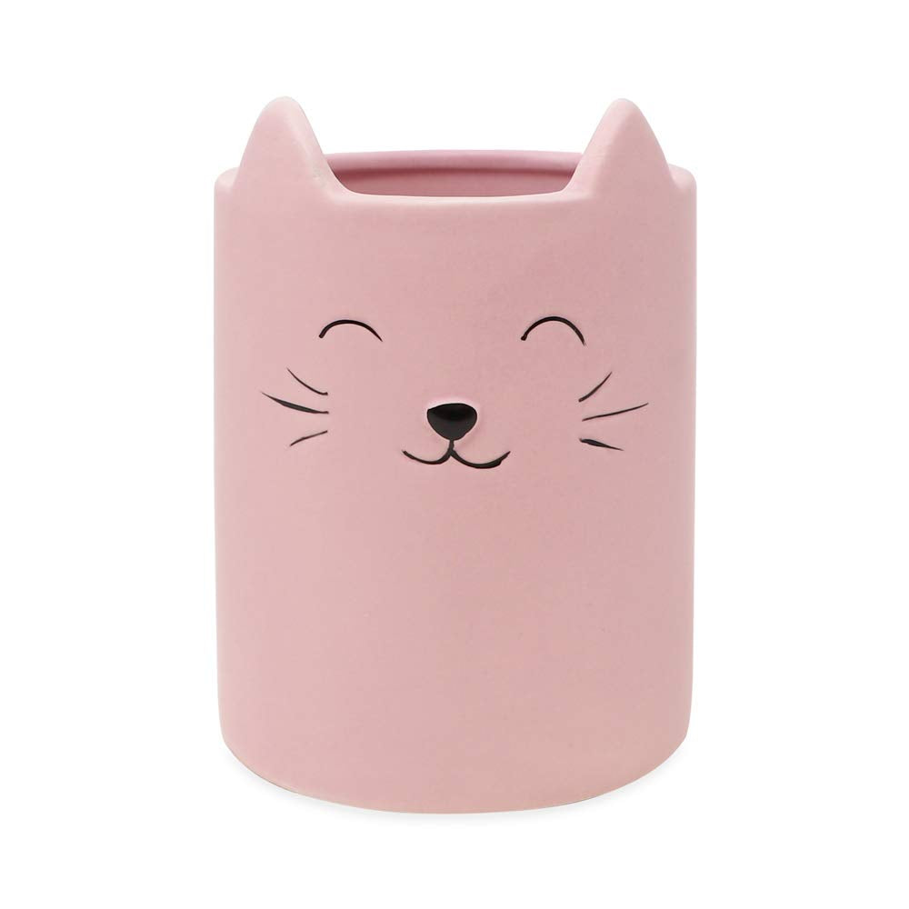 Isaac Jacobs Pink Ceramic Cat Makeup Brush Holder, Multi-Purpose Cup Organizer. Bathroom, Kitchen, Bedroom, Office D  Cor (Singl
