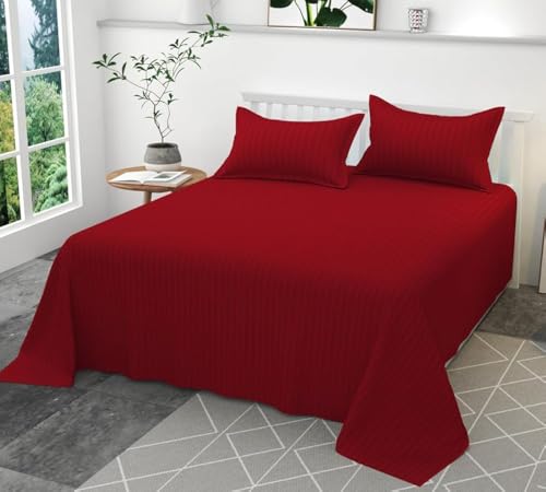 Yuku 210 Tc Glace Cotton Satin Stripes Plain Bedsheet For Double Bed King Size With Two Pillow Covers (Red)