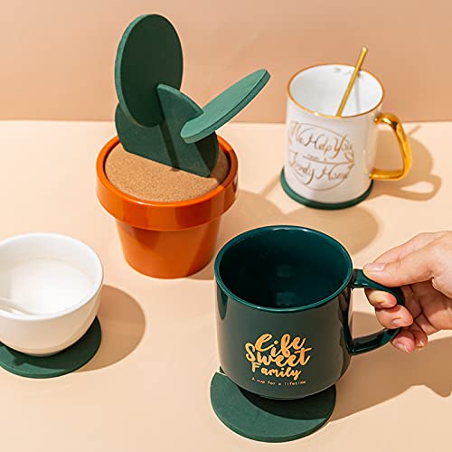 Brccee AC 6-Piece Green Coaster Cactus Set with Flower Pot Shaped Holder for Drinks Coffee Cup (Pure Green)