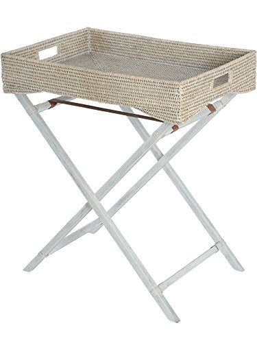 Kouboo La Jolla Rattan Butler Tray With Folding Wood Stand, White Wash