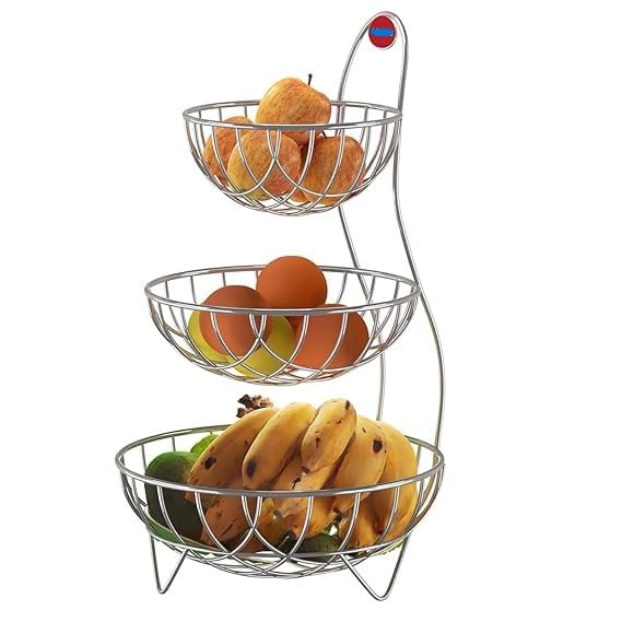 Luxuria 3Tier Chrome Wire Fruit Basket Stand, 56 Cm Height, Kitchen Counter Organiser With Graduated Bowls