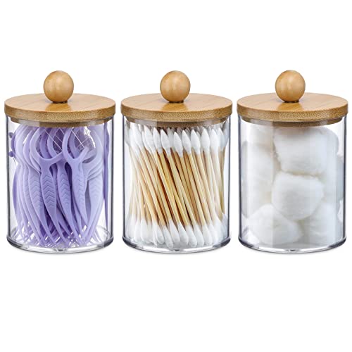 3 Pack Qtip Holder Dispenser With Bamboo Lids - 10 Oz Clear Plastic Apothecary Jar Containers For Vanity Makeup Organizer Storag