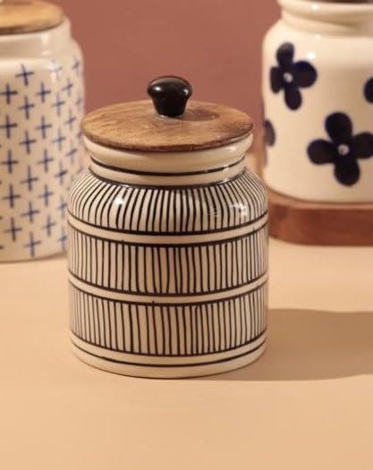 Craftribal Handpainted Black Striped Design Airtight MultiUtility Storage Ceramic Jars & Containers With Silicone Seal Wooden L