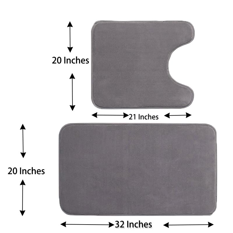 Madeals 3-Piece Bath Mat Set, Grey, Memory Foam Bath Mat And Toilet Tank Cover Set Combo, Non Slip, Machine Washable
