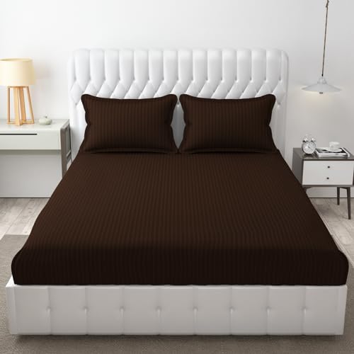 Ivaza 220 Cotton Feel Glace Cotton Elastic Fitted Bedsheet For Double Bed With Two Pillow Covers(72X78 Inch) Coffee