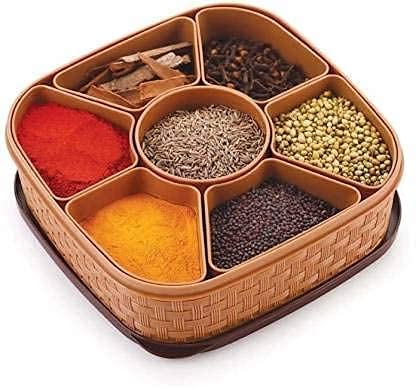Wheel Crew 7 Sections Multipurpose Masala Rangoli Container Box Set For Kitchen | 7In1 Spice Masala Rangoli Organiser Box Set 