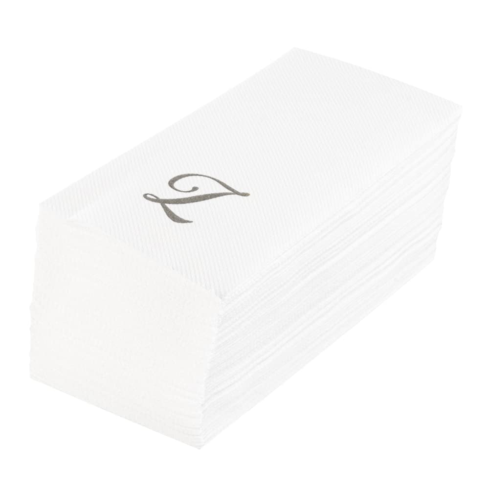 Luxenap 15.8 X 7.9 Inch Linen-Feel Guest Towels, 50 Disposable Striped Hand Towels - Silver Letter 'Z', Cursive Font, White Pape