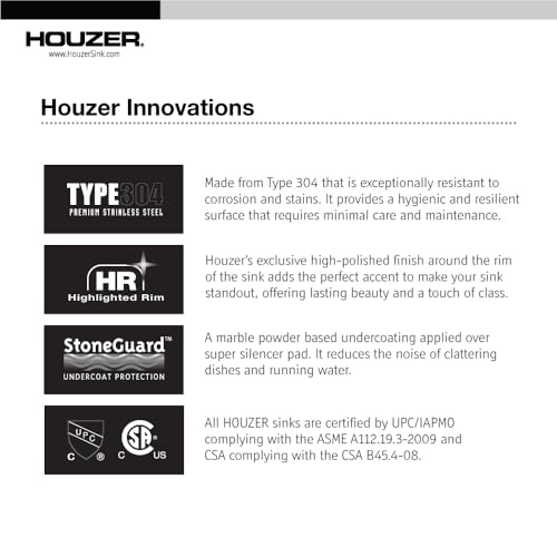 Houzer Glowtone 25 Inch Stainless Steel Topmount 4-Hole Single Bowl 8 Inch Deep Kitchen Sink - 2522-8Bs4-1