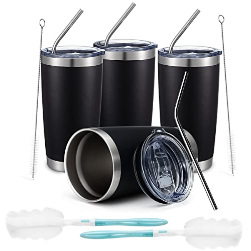Comooo 20Oz Black Tumbler 4 Pack Stainless Steel Insulated Travel Mug With Lid And Straw Vacuum Double Wall Coffee Cup For Hot B