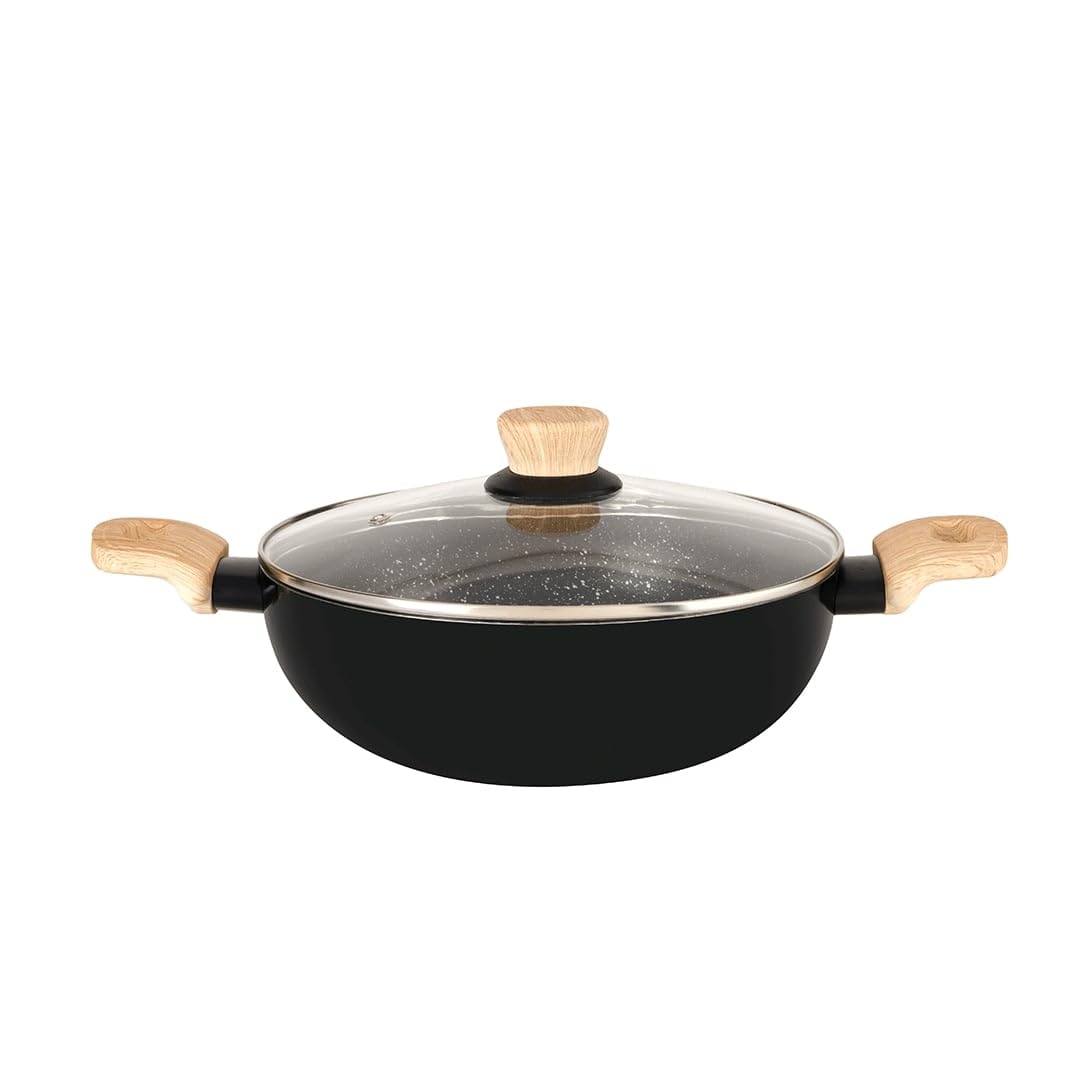 Bergner Bellini Plus Aura 5-Layer Non-Stick 22 Cm Kadai With Glass Lid, 2.9 Litres Kadhai With Soft Touch Wooden Finish Handle, 
