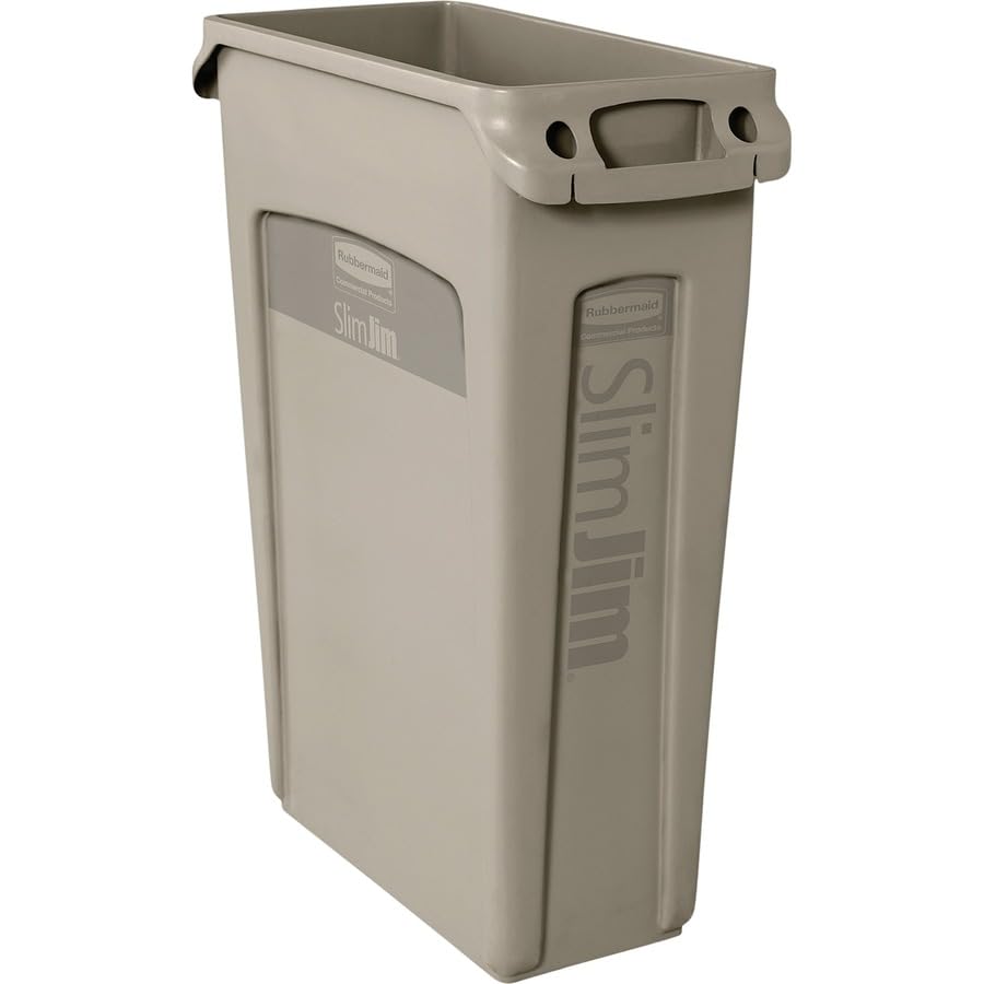 Rubbermaid Commercial Products Slim Jim Plastic Rectangular Trash/Garbage Can/Bin With Venting Channels, 23 Gal, Beige, For Kitc