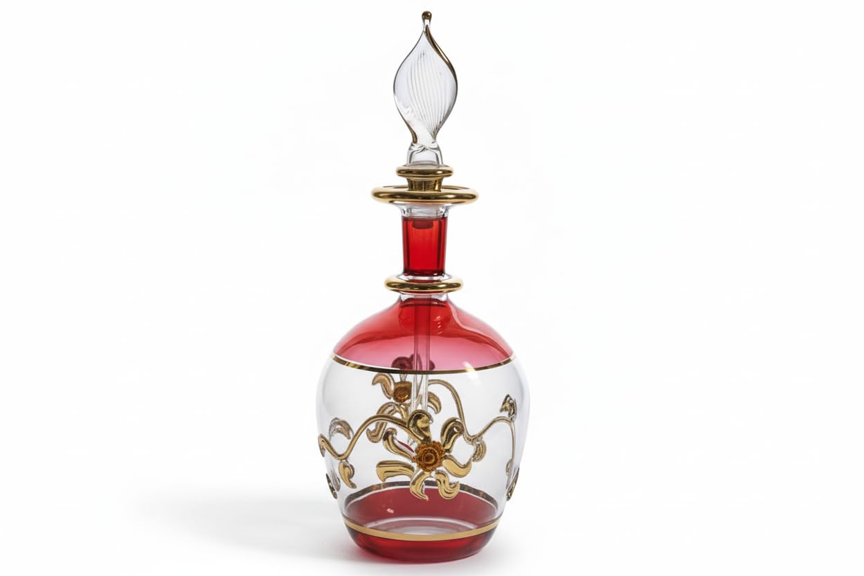 Les Trois Pyramides HandBlown Red & Clear Perfume Bottle with 14K Gold Accents | Refillable Fragrance Bottle for Perfume or Ess
