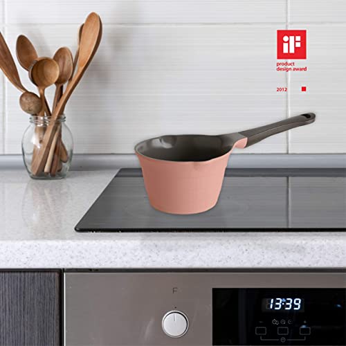 Neoflam 1qt Ceramic Saucepan Butter Warmer - PFOA-Free Nonstick, Pink, Model 51405, 2 Pour Spouts, Dishwasher Safe