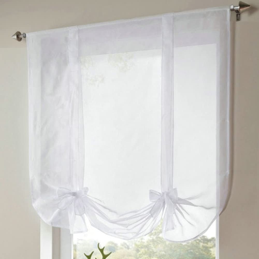 WPKIRA 1 Panel Ribbon Tie Up Solid White Roman Curtain Transparent Sheer Voile Balloon Shades with Solid Stripes Lift Sheer Curt