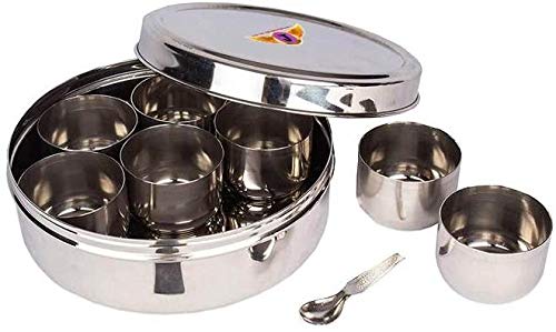 Jayam Traditional Stainless Steel Masala (Spice) Box/Dabba/Organiser And Lid With 7 Containers And Small Spoon/Small