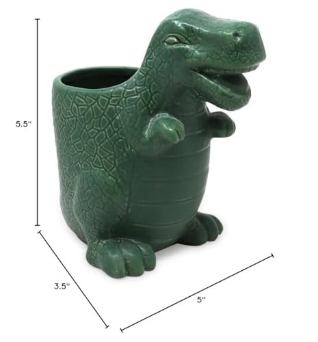 Isaac Jacobs Green Ceramic Dinosaur Cup  Toothbrush Holder  Multi-Purpose Organizer  - Great for Toiletries  Bathroom  Kitchen  Crafts  Desk  Novelty Bathroom Accessory (Single Cup  Green)