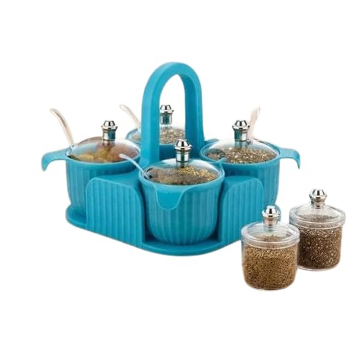 Om Akshar Kitchen Spice Organizer Set | 4 Storage Jars With Lid, Spoon And Carry HandleBlue_Jars & ContainersBlue