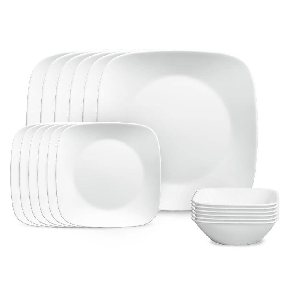 Corelle Vitrelle 18-Piece Service for 6 Square Dinnerware Set Triple Layer Glass and Chip Resistant, Lightweight Square Plates a
