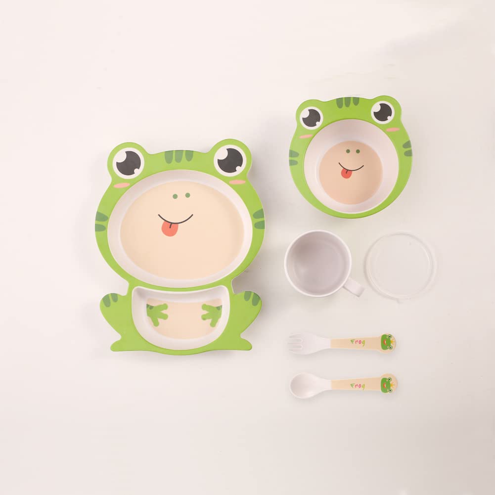 Fekdod Kids Dinnerware Set Bamboo 5 Pcs with Plate Bowl Cup Fork Spoon (Frog)
