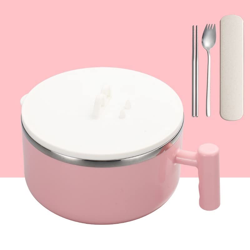 Efoot 34Oz Stainless Steel Bowls,Insulation Bowls With Lid And Handle Perfect For Rice,Noodles,Salad (Pink)
