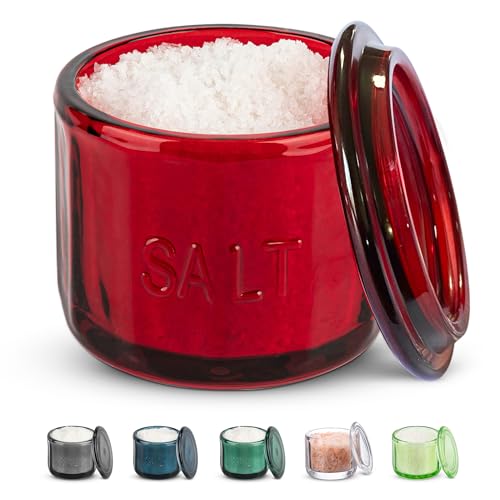 KooK Salt Cellar & Jar  Round Salt Container  Pressed Clear Glass  with Clear Lid  Embossed  10 oz (Ruby)
