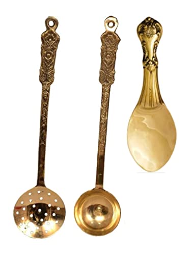 bona Fide Pure Brass Spoon golchi Spoon,palta Spoon,and Rice Serving Spoon,Set of 3 Cooking and Serving Spoon