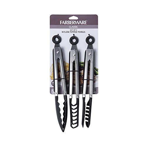 Farberware Classic Tongs Set of 3, Nylon Tipped, Stainless Steel, Black - Model 5215718