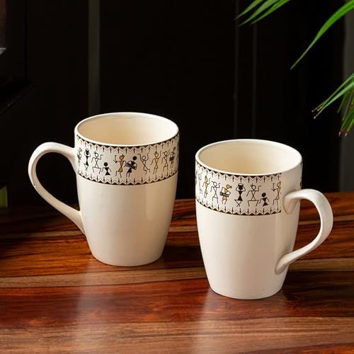 Exclusivelane Whispers Of Warli Handcrafted Ceramic Coffee Mug Set Of 2 (Microwave Safe, 300 Ml) | Tea Mugs For Coffee