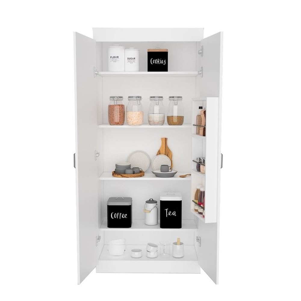 TUHOME Varese Pantry Cabinet  Two Door Cabinet  Three Internal Door Shelves  Five Shelves  White   For Kitchen Room