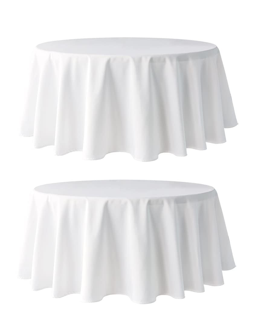 Pomp Pure White 120'' Round Poplin Polyester Tablecloth (2 Pack) | Wrinkle + Stain Resistant Easy Care Premium Fabric