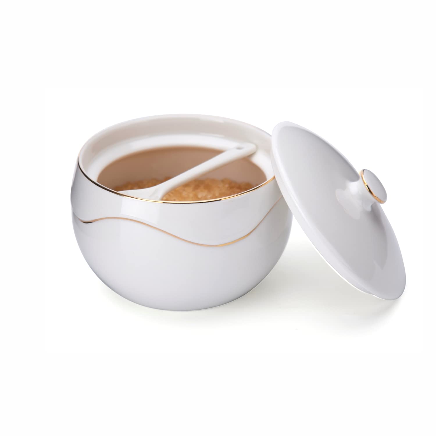 Kitchendao Porcelain Sugar Bowl With Lid And Spoon - Dust Free- Ceramic Sugar Holder Container For Countertop Kitchen Coffee, Di