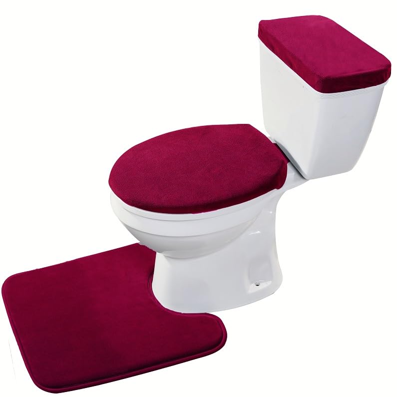 Madeals Velvet Toilet Lid Cover And Tank Lid Cover With Toilet Mat Memory Foam 3 Piece Toilet Contour Mat Set Burgundy
