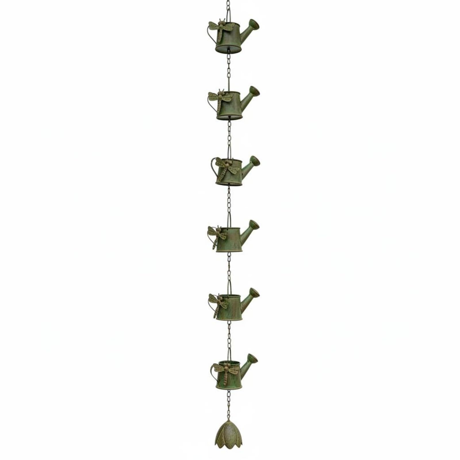 Pexorva Distressed Green Watering Can Wind Chime Weathered Accents Dragonfly Wind Chime Foliageshaped Bottom Hanging Chain For P