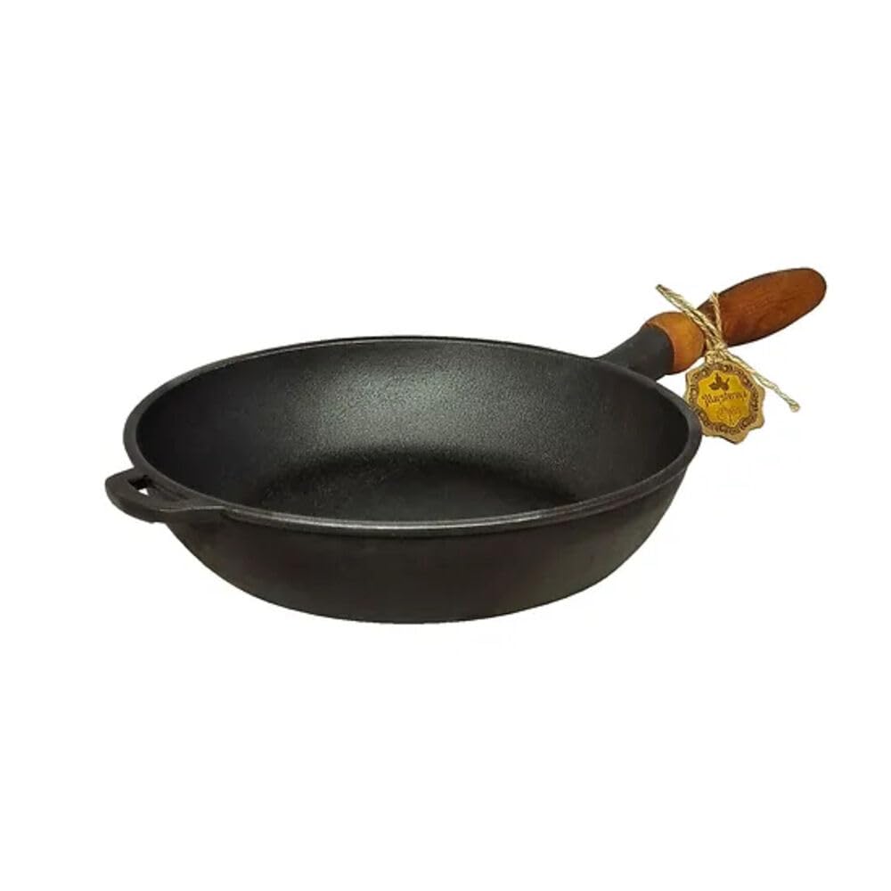 CastIron Frying Pan Brazier with Wooden Handle 9.45 (24 cm) Cooking Skillet for Omelette Dosa Pan, Induction Safe