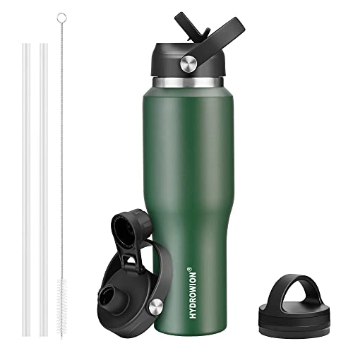 HYDROWION Water Bottle Insulated 32oz Water Bottles Straw Lid  Spout Lid and Flex Cap  Tumbler Flask (Cold for 48 Hrs  Hot for 24 Hrs)  Leakproof Travel Thermo Mug  Fit Any Car Cupholder  Olive