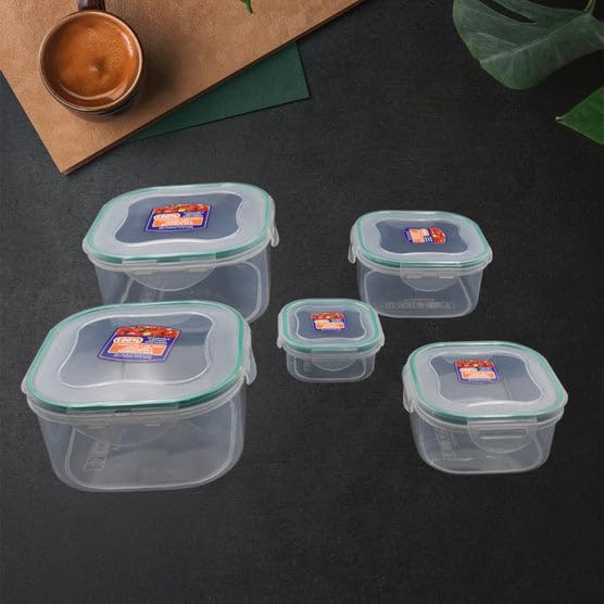 Oblivion Plastic Food Storage Containers 5 Pcs  Airtight Set With LeakProof Locking Lids, BpaFree Fridge Organizer Jars For L