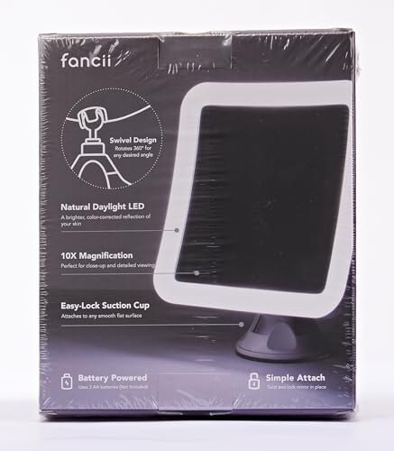 Fancii 10X Magnifying Lighted Makeup Mirror - Daylight LED Vanity Mirror - compact  cordless  Locking Suction  65 Wide  360 Rotation  Portable Illuminated Bathroom Mirror (Square)
